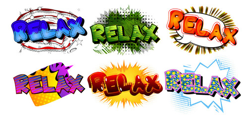 Relax. Comic book word text on abstract comics background. Retro pop art style illustration.