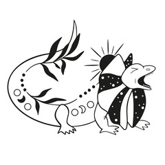Magical lizard silhouette with moon, star in minimal boho style isolated on white background. Black and white vector illustration