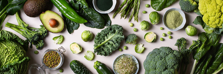 Variety of green vegetables, local food, seasonal produce