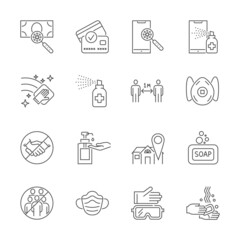 Coronavirus protection related thin line icons set. Isolated on a white background