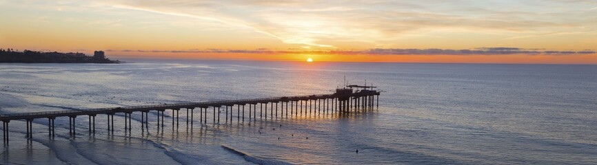 Fototapeta premium Pacific Ocean California Coastline Wide Panoramic Aerial Landscape View. Beautiful Sunset Sky over La Jolla Shores Beach, San Diego Scripps Institute of Oceanography