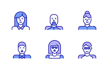 Line art simple user profile icons set. Girls, boys and professional workers. Pixel perfect, editable stroke, colored