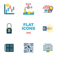 Cryptocurrency and Blockchain Related Flat Icons. Crypto Icon Set. Analysis, Bitcoin Accepted Shop, Bitcoin Encrypted, Digital Key, Mining Farm, QR Code, Encryption, Coin Faucet. Isolated on White