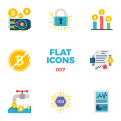 Cryptocurrency and Blockchain Related Flat Icons. Crypto Icon Set. Featuring GPU Mining, Cryptography, Halving, Smart Contract, Coin Faucet, ICO, Hash Rate. Isolated on White Background