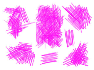 Pink color pencil drawing elements set. Hand drawn hatching clip art isolated on white. Abstract scribbles collection.
