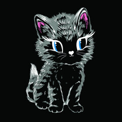Black cute kitten on black background. Illustration drawn with vector brushes.
