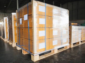 Packaging Boxes Wrapped Plastic Film on Pallets Rack in Storage Warehouse. Supply Chain. Storehouse Commerce Shipment. Warehouse Shipping Logistics.	