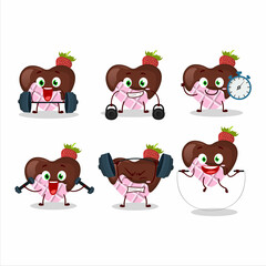 A healthy strawberry chocolate love cartoon style trying some tools on Fitness center