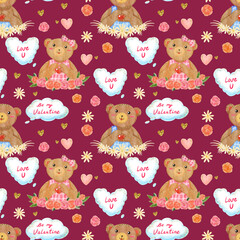 Romantic seamless pattern with watercolor teddy bear with letters, hearts. Hand drawn with glitter effect for textile, wrapping paper, wallparer. Wedding, birthday, Valentine day endless pattern.