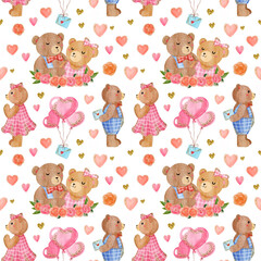 Obraz premium Romantic seamless pattern with watercolor teddy bear, love, hearts, roses, kiss. Hand drawn ornament with glitter effect for fabric, wrapping paper. Wedding, birthday, Valentine's day endless pattern.