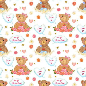 Romantic seamless pattern with watercolor teddy bear with letters, hearts. Hand drawn lovely ornament for textile, fabric, wrapping paper. Wedding, birthday, Valentine's day endless pattern.