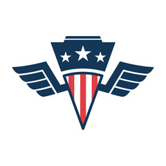 Emblem template with american flag and wings. Design element for emblem, sign, badge, logo. Vector illustration