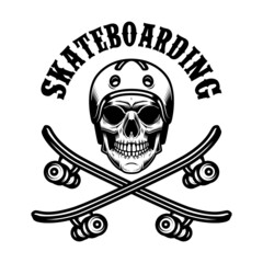 Skateboarder skull with crossed skateboards. Design element for logo, label sign, poster, t shirt. Vector illustration