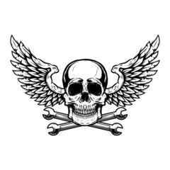 Winged skull with crossed wrenches. Design element for emblem, sign, badge, logo. Vector illustration
