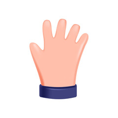Obraz premium Open 3d hand shows five fingers, open palm, greeting sign, palm with five fingers, open hand icon. Isolated on a white background. 3d vector