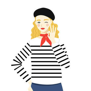 フレンチ風ファッションの女性上半身。ウインクをしてOKサインをする女性1