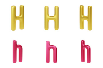 Golden and red Letter H on white background. Uppercase and lowercase. 3d render illustration
