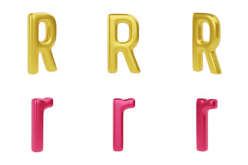 Golden and red Letter R on white background. Uppercase and lowercase. 3d render illustration