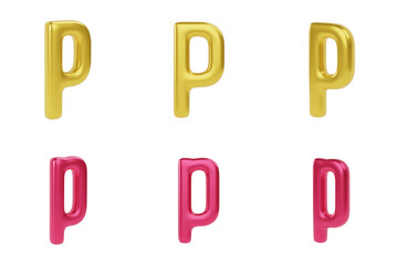 Golden and red Letter P on white background. Uppercase and lowercase. 3d render illustration