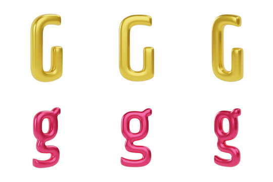 Golden and red Letter G on white background. Uppercase and lowercase. 3d render illustration