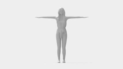 3D rendering of a woman with arms spread Multiple views silhouette, side front and back.