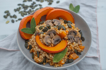 healthy barley salad with pumpkin