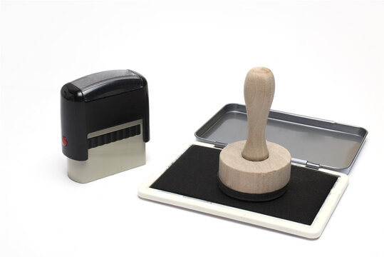 automatic wooden stamp ink pad white background
