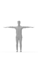 3D rendering of a casual man front side and back view. Arms spread computer render model isolated silhouette.