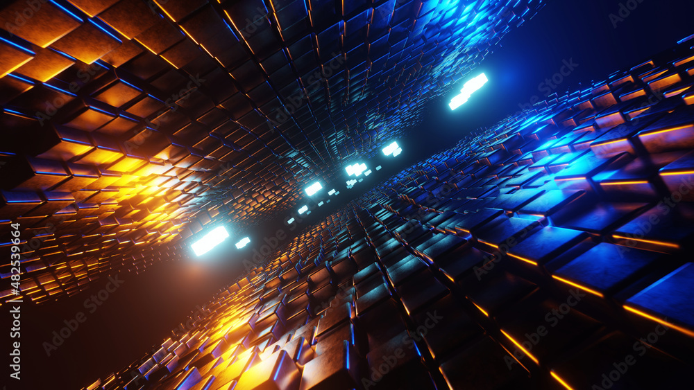 Aufkleber 3d rendering abstract glow cube square dot shape grid flow wave pattern abstract