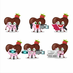 Character reporter strawberry chocolate love cute mascot with microphone