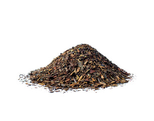 An image isolated heap green tea leaf ground dried finished is a beverage herb from Chinese.