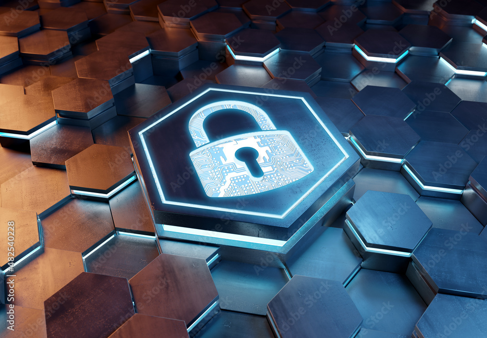 Leinwandbilder web security icon concept engraved on metal hexagonal pedestral background. padlock logo glowing on 