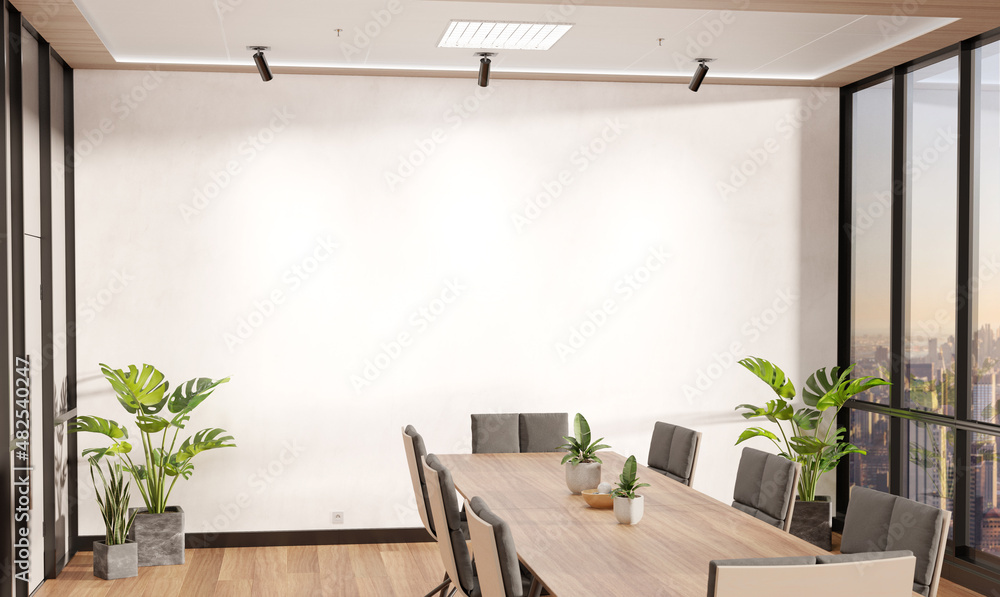 Poster blank wall mockup in bright wooden office with windows and sun passing through. empty company meetin