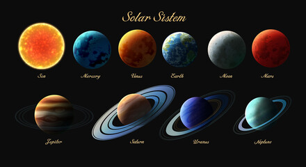 solar system planets pictograms vector illustration black background 태양계 일러스트 고화질 © pil