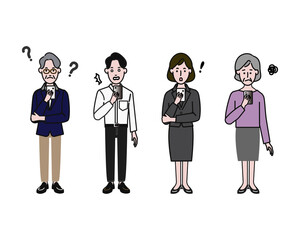 オフィスカジュアルなさまざまな年齢の男女がスマホを持って困惑した表情の白背景に線画の動画にも使えるシンプルなイラスト