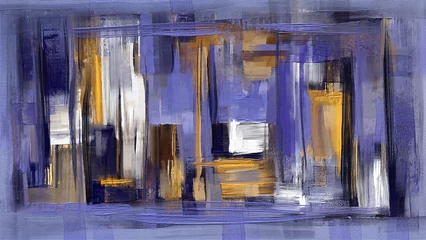 Poster Pantone 2022 very peri Maagdenpalm verfstreken. Gele accenten kunst met kleur van 2022, artistieke textuur. Abstract zeer peri gekleurd patroon  © Boutique canvas