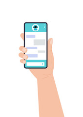 Chat bot dialoge window with cute ai robot on bar flat icon isolated. Online artificial intelligence instant  robot message chat on holding hand mobil phone. Vector illustration of talk interface