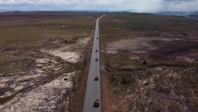 Aerial shot of the Troncal 10 highway, which crosses the entire Gran Sabana in Venezuela