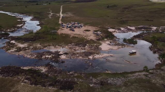 Aerial shot of the tourist site known as La Playita, located in the Gran Sabana in Venezuela