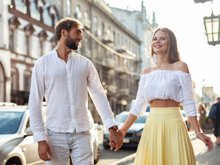 Fototapeta premium Young loving cheerful couple walking in the city