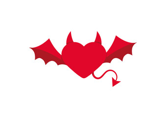 Devil red heart icon isolated on white background. Heart with tail wings and horns. Flat design simple clip art vector illustration.