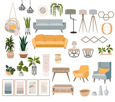 A set of furniture and decor elements. Collection of interior items for a cozy isolated interior. Vector illustration.