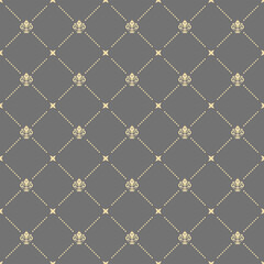 Naadloze vector grijze en gouden patroon. Modern geometrisch ornament met koninklijke lelies. Klassieke achtergrond