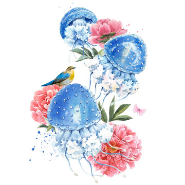 Beautiful composition with cute watercolor underwater sea life jellyfish and flowers. Stock illustration.