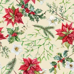 Fotobehang Beautiful vector floral christmas seamless pattern with hand drawn watercolor winter flowers such as red poinsettia holly. Stock 2022 winter illustration. © zenina