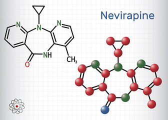 Nevirapineе molecule. It is used to treat human immunodeficiency virus (HIV) infection and acquired immune deficiency syndrome (AIDS). Sheet of paper in a cage