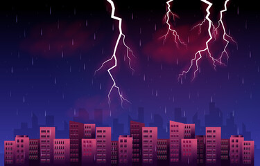 Thunder Storm Lightning Rainy Night City Building Skyline Cityscape Illustration