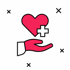 Obraz premium Filled outline Heart with a cross icon isolated on white background. First aid. Healthcare, medical and pharmacy sign. Vector