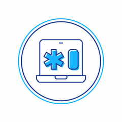 Filled outline Medical clinical record on laptop icon isolated on white background. Health insurance form. Medical check marks report. Vector