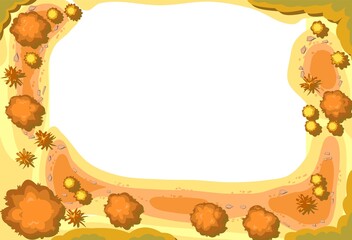 Frame Autumn landscape top view. Scene with yellow and orange trees and bushes from height. Above countryside. Isolated on white background. Cartoon style illustration. Vector
